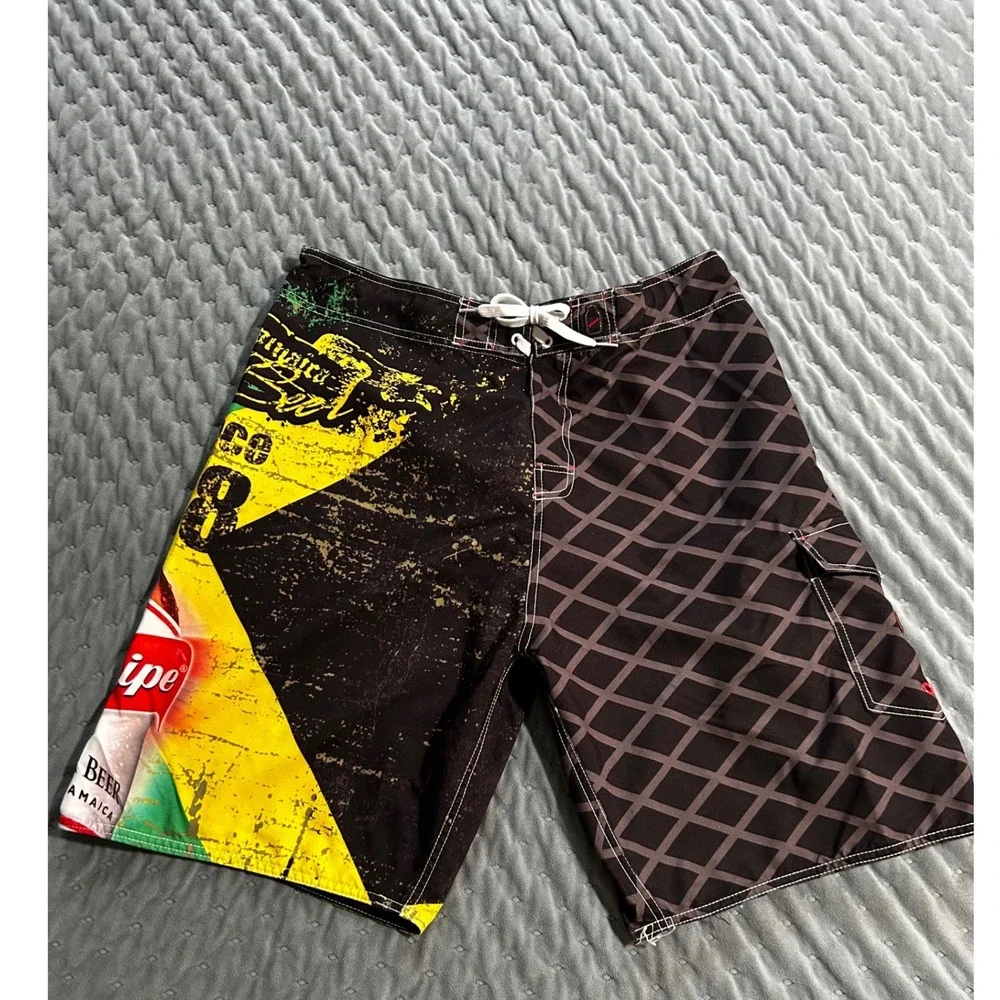 Red Stripe Beer Board Shorts Mens 36 Jamaica Lager Swim Trunks Black Graphic
